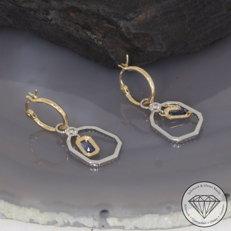 Wert 2950 € Brillant Diamant Saphir Creolen in 585er 14 K Gelbgold & 950er Platin - 99471