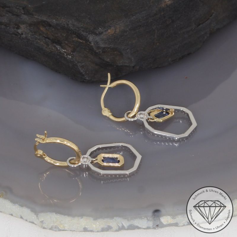 Wert 2950 € Brillant Diamant Saphir Creolen in 585er 14 K Gelbgold & 950er Platin - 99471