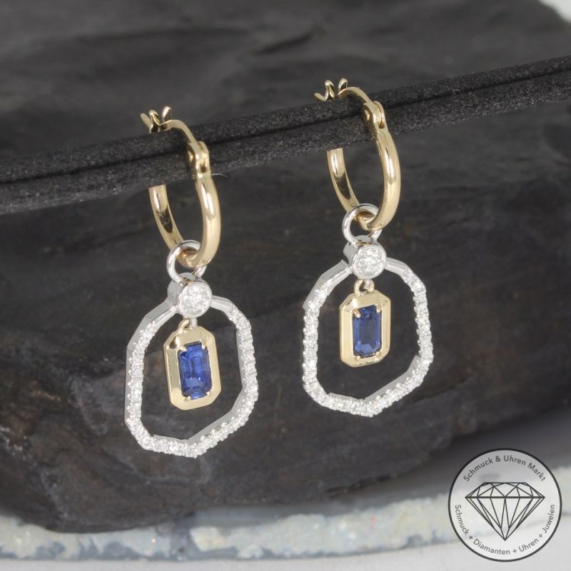 Wert 2950 € Brillant Diamant Saphir Creolen in 585er 14 K Gelbgold & 950er Platin - 99471