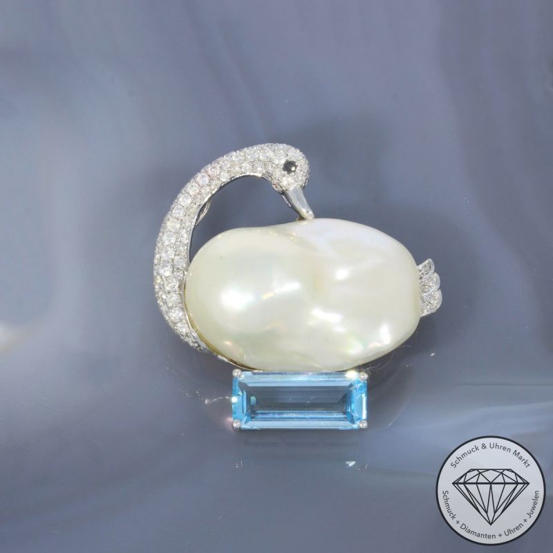 Wert 3990 € Brillant Topas Perl Anhänger & Brosche Schwan in 750er 18 K Weißgold - 99651