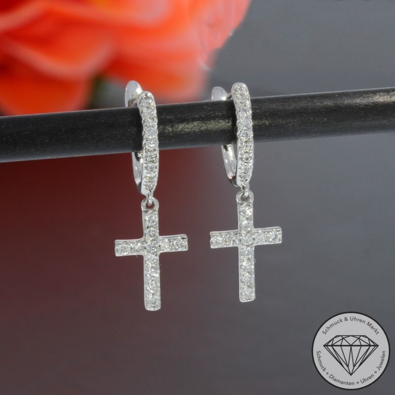 Wert 2150 € Brillant Creolen mit Kreuz Anhängern (0,27 carat) in 750er 18 K Weißgold - H1767
