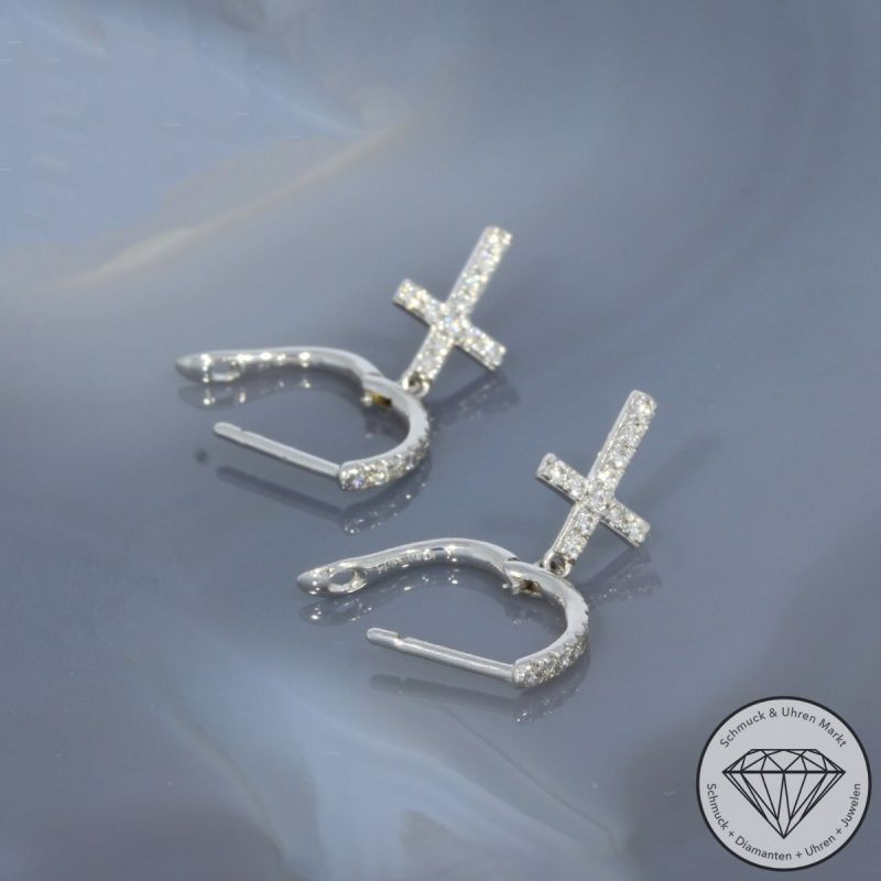 Wert 2150 € Brillant Creolen mit Kreuz Anhängern (0,27 carat) in 750er 18 K Weißgold - H1767