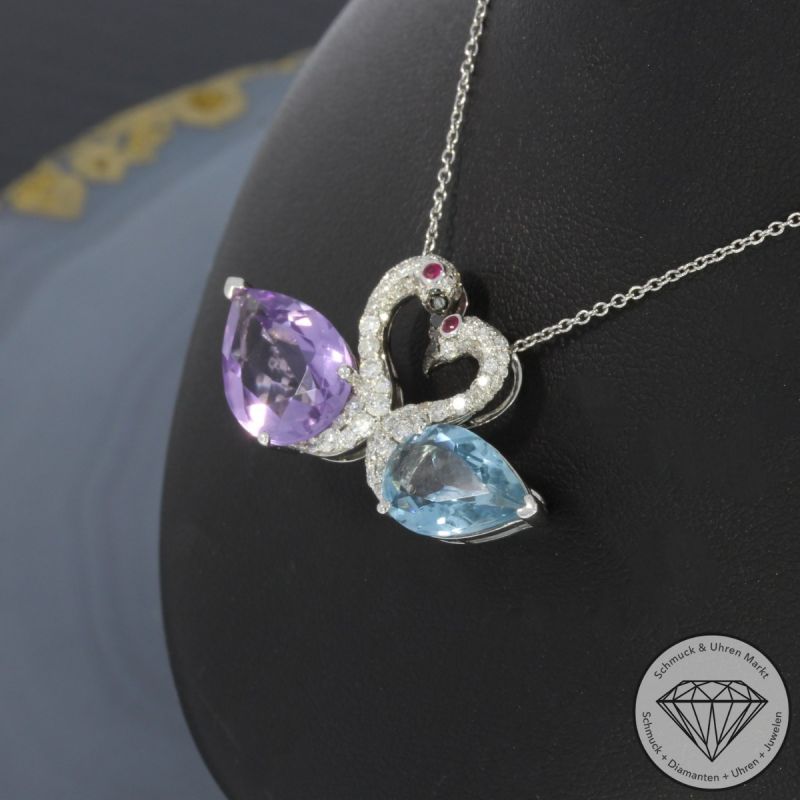 Wert 3150 € Brillant Diamant Farbedelstein Anhänger & Kette in 750er 18 K Weißgold - 99803