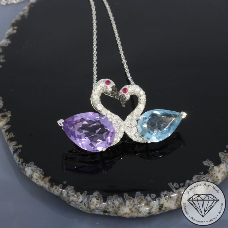 Wert 3150 € Brillant Diamant Farbedelstein Anhänger & Kette in 750er 18 K Weißgold - 99803