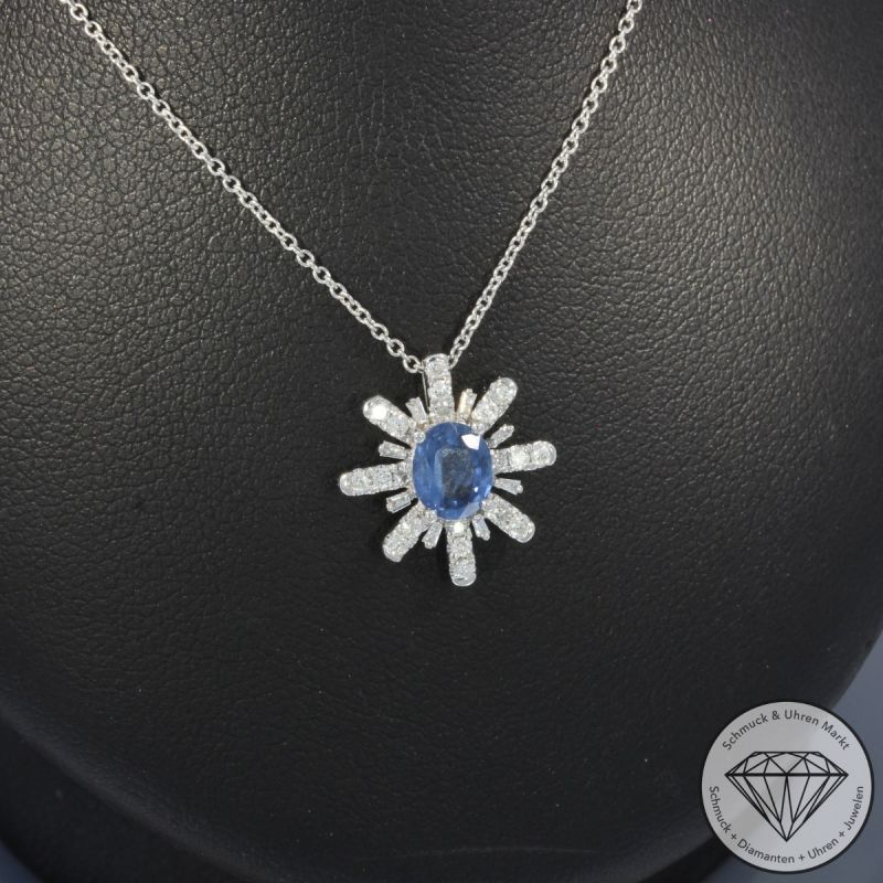 Wert 1990 € Brillant Diamant Saphir Anhänger mit Kette in 750er 18 K Weißgold - 99806