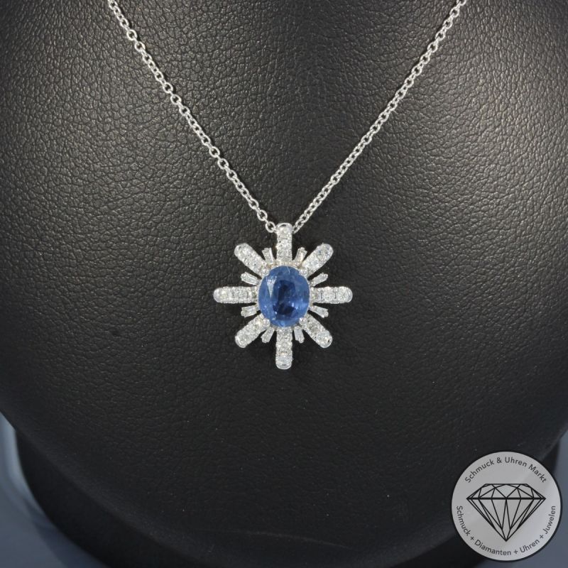 Wert 1990 € Brillant Diamant Saphir Anhänger mit Kette in 750er 18 K Weißgold - 99806