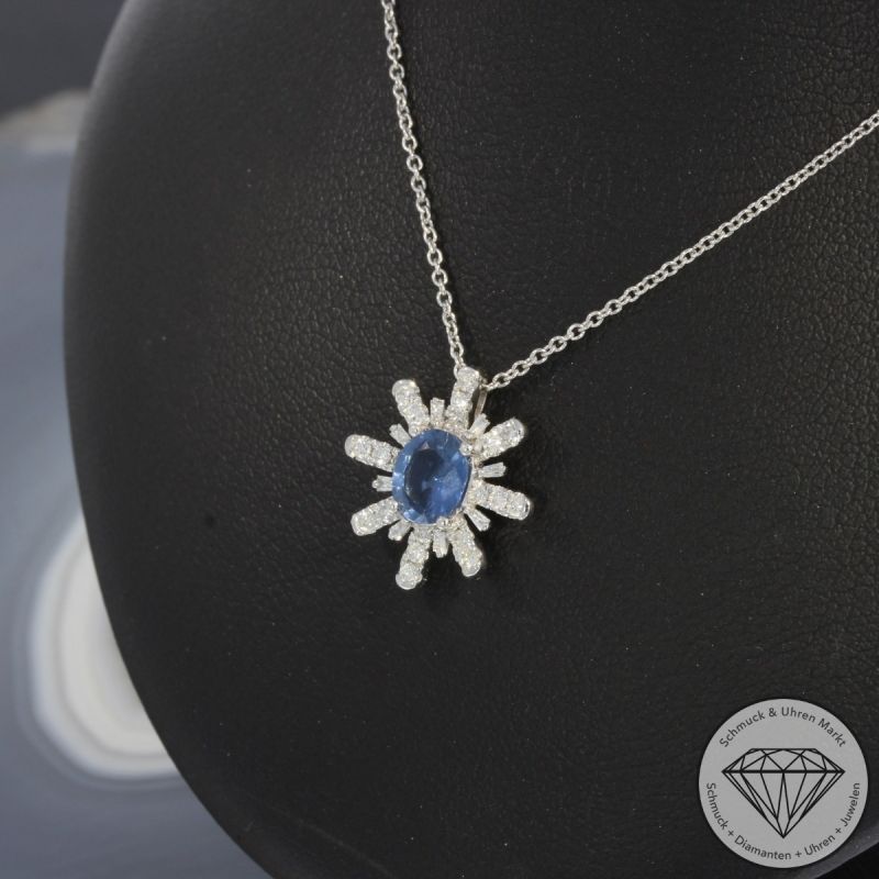 Wert 1990 € Brillant Diamant Saphir Anhänger mit Kette in 750er 18 K Weißgold - 99806