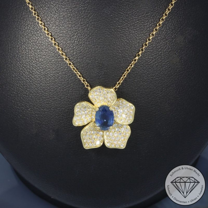 Wert 3590 € Brillant Saphir Anhänger mit Kette in 750er 18 K Gelbgold - 99818