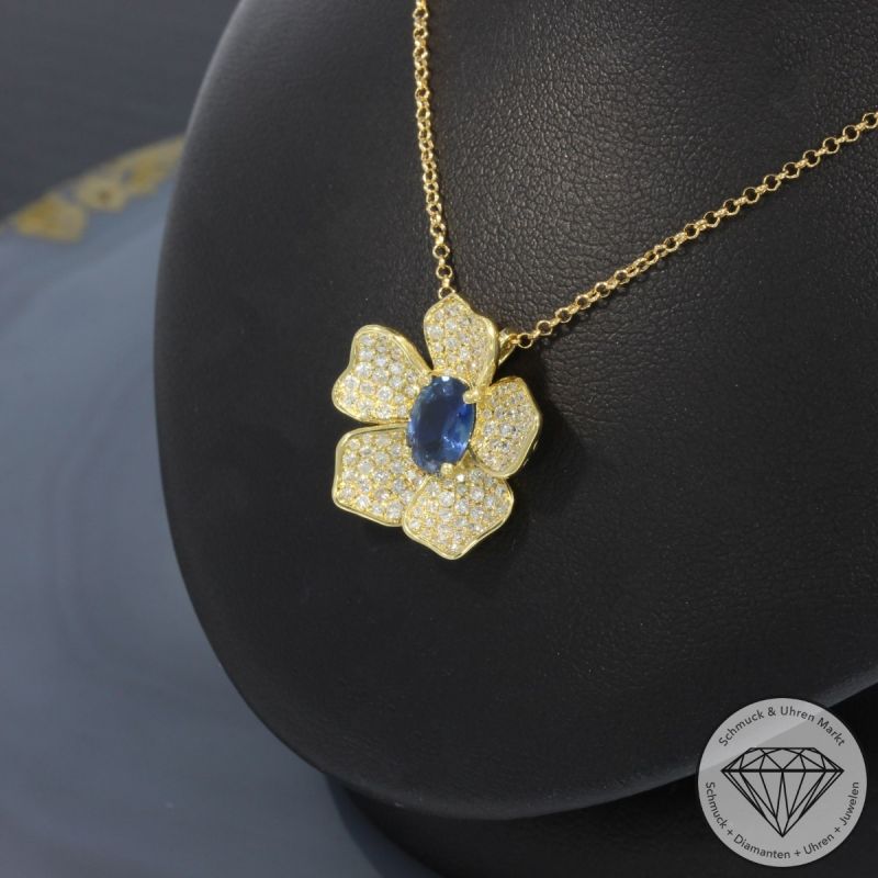 Wert 3590 € Brillant Saphir Anhänger mit Kette in 750er 18 K Gelbgold - 99818