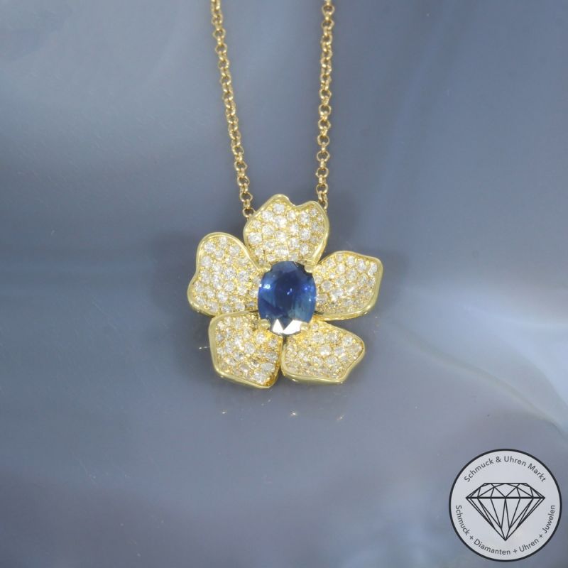 Wert 3590 € Brillant Saphir Anhänger mit Kette in 750er 18 K Gelbgold - 99818