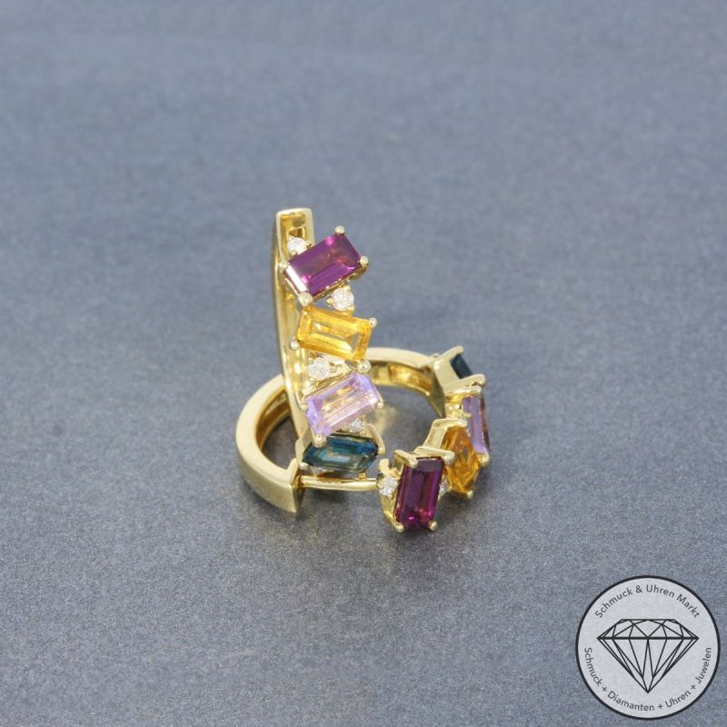 Wert 2350 € Brillant Farbedelstein Ohrringe Creolen in 585er 14 K Gelbgold - 99846