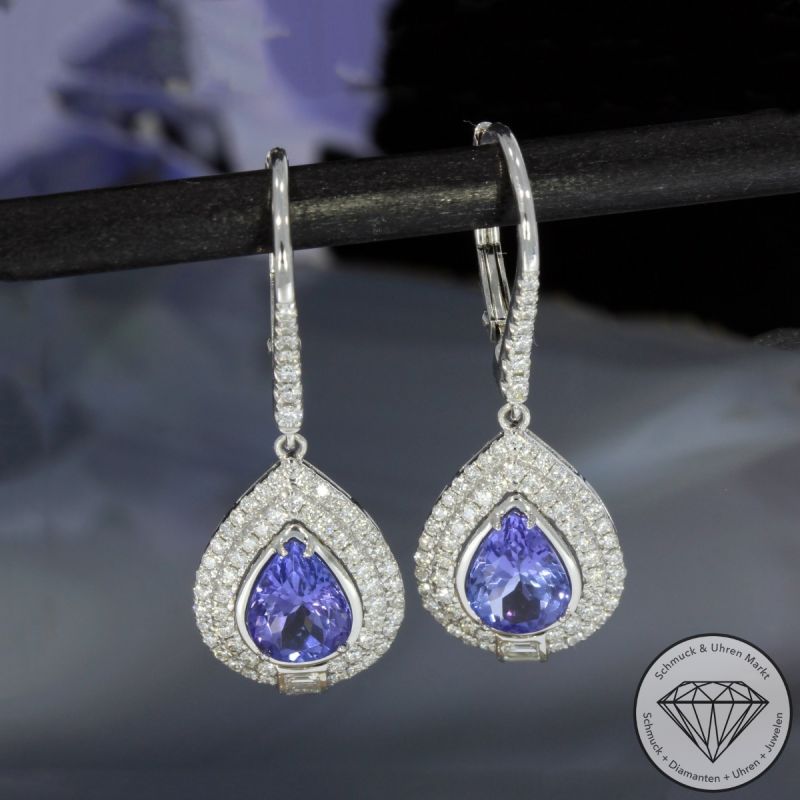 Wert 4350 € Brillant Diamant Tansanit Ohrringe in 585er 14 K Weißgold - H1095