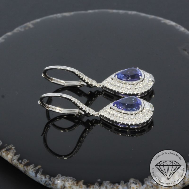 Wert 4350 € Brillant Diamant Tansanit Ohrringe in 585er 14 K Weißgold - H1095