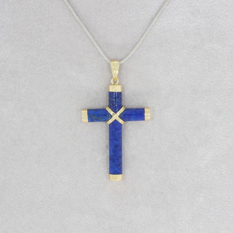 Wert 250 € Lapislazuli Kreuz Anhänger in 585er 14 K Gelbgold - H125