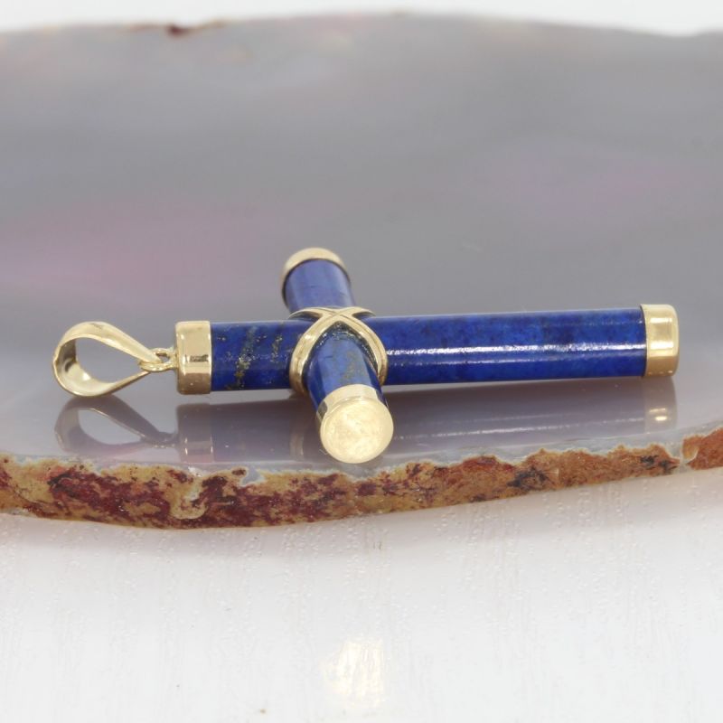 Wert 250 € Lapislazuli Kreuz Anhänger in 585er 14 K Gelbgold - H125