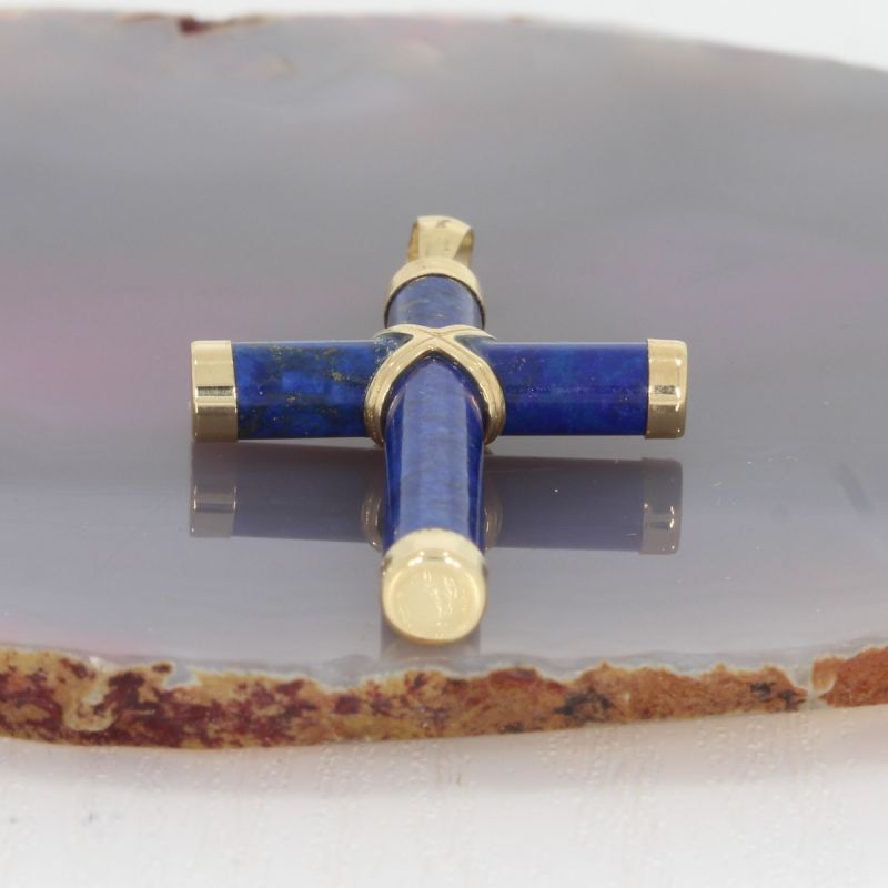 Wert 250 € Lapislazuli Kreuz Anhänger in 585er 14 K Gelbgold - H125