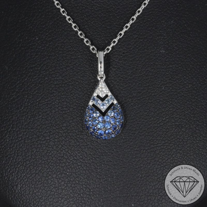 Wert 2250 € Brillant Saphir Anhänger & Kette in 585er 14 K Weißgold - H1956