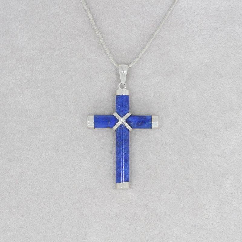 Wert 250 € Lapislazuli Kreuz Anhänger in 585er 14 K Weißgold - H295