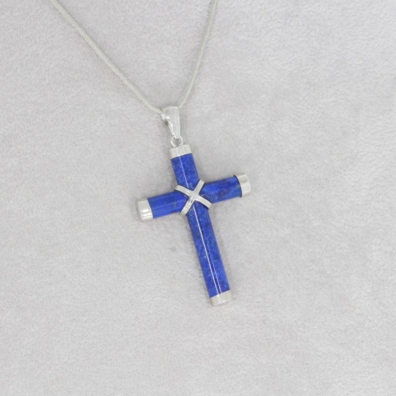 Wert 250 € Lapislazuli Kreuz Anhänger in 585er 14 K Weißgold - H295