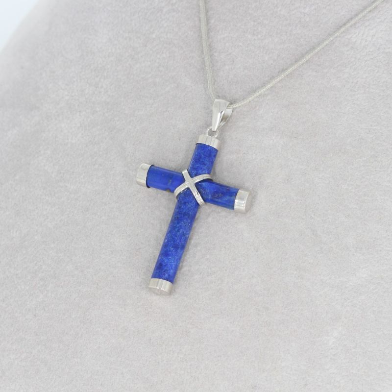 Wert 250 € Lapislazuli Kreuz Anhänger in 585er 14 K Weißgold - H295
