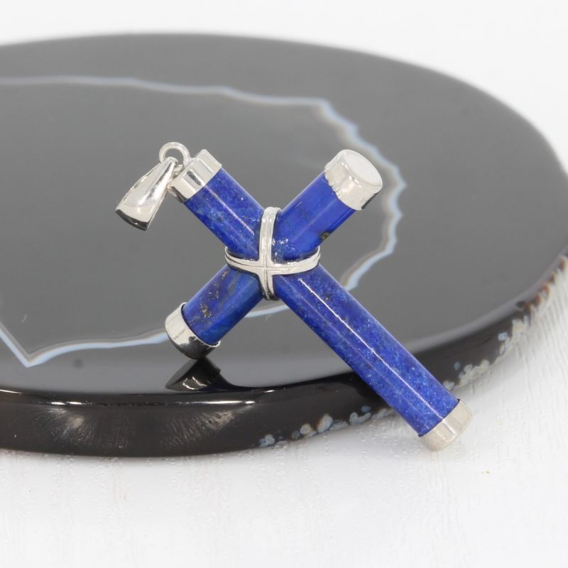 Wert 250 € Lapislazuli Kreuz Anhänger in 585er 14 K Weißgold - H295