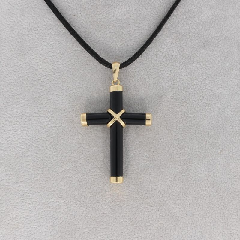 Wert 650 € Onyx Kreuz Anhänger in 585er 14 K Gelbgold H296