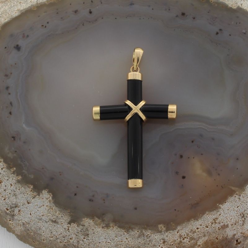 Wert 650 € Onyx Kreuz Anhänger in 585er 14 K Gelbgold H296
