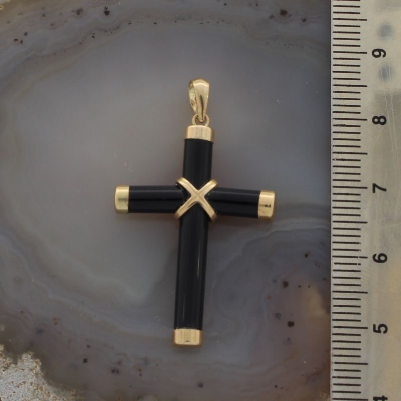 Wert 650 € Onyx Kreuz Anhänger in 585er 14 K Gelbgold H296