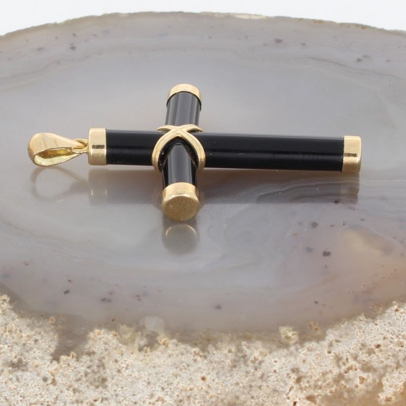 Wert 650 € Onyx Kreuz Anhänger in 585er 14 K Gelbgold H296