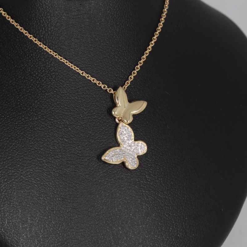 Wert 940 € Brillant Schmetterling Anhänger mit Kette (0,07 carat) in 585er 14 K Gelbgold Länge 42 + 45 cm - H391