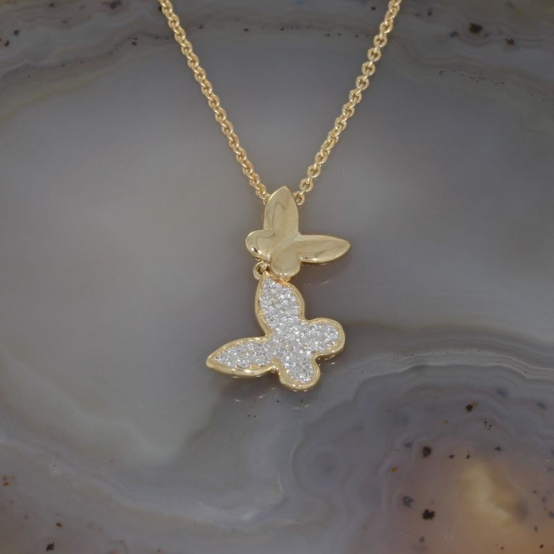 Wert 940 € Brillant Schmetterling Anhänger mit Kette (0,07 carat) in 585er 14 K Gelbgold Länge 42 + 45 cm - H391