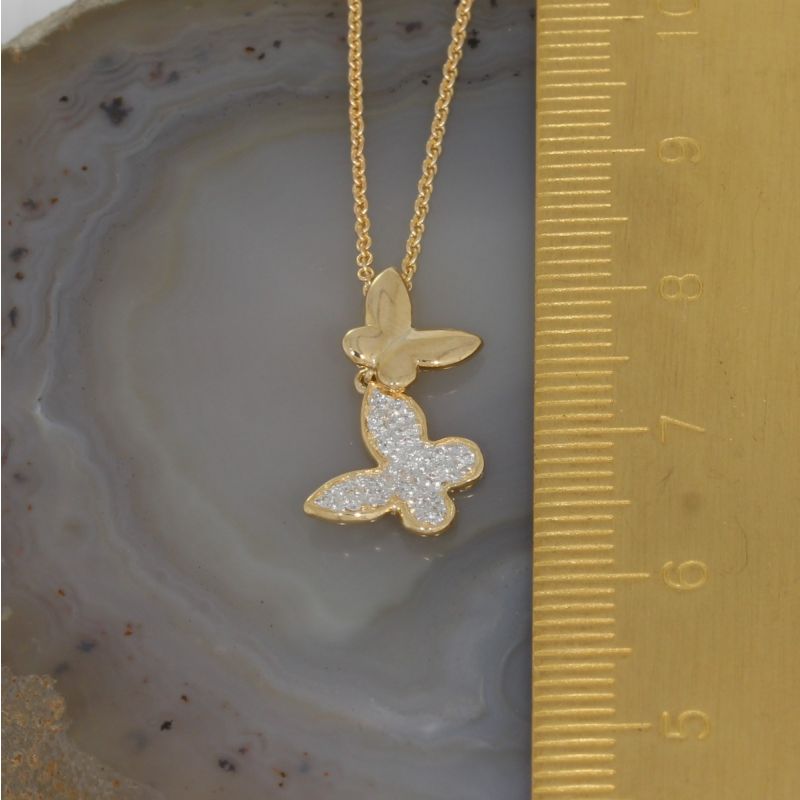 Wert 940 € Brillant Schmetterling Anhänger mit Kette (0,07 carat) in 585er 14 K Gelbgold Länge 42 + 45 cm - H391