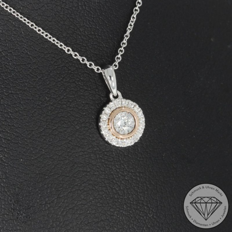 Wert 1100 € Brillant Anhänger mit Kette (0,11 carat) in 585er 14 K Weißgold / Roségold - H572
