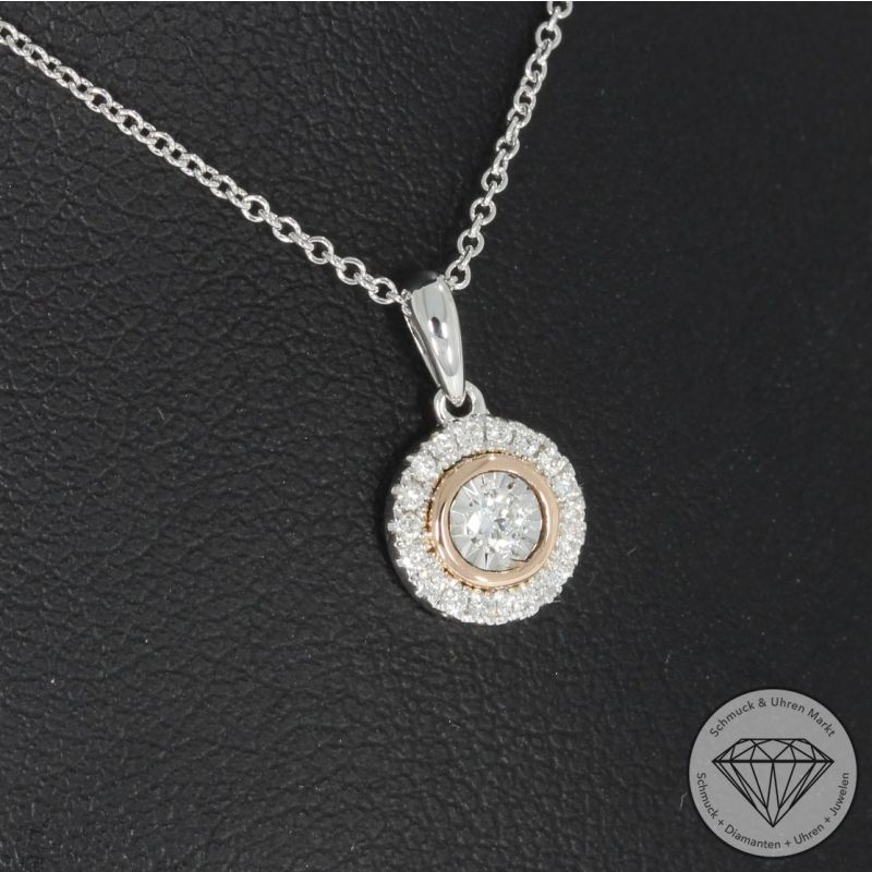 Wert 1100 € Brillant Anhänger mit Kette (0,11 carat) in 585er 14 K Weißgold / Roségold - H572