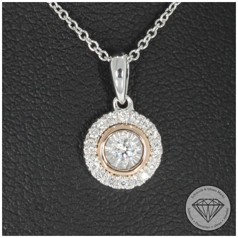 Wert 1100 € Brillant Anhänger mit Kette (0,11 carat) in 585er 14 K Weißgold / Roségold - H572