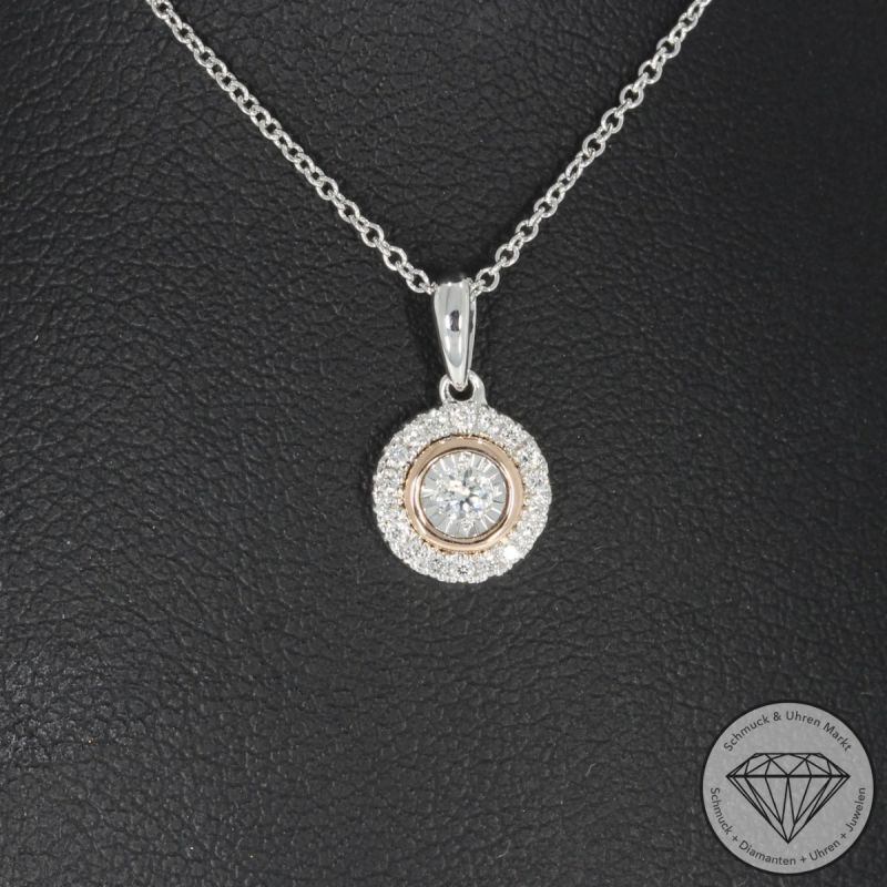 Wert 1100 € Brillant Anhänger mit Kette (0,11 carat) in 585er 14 K Weißgold / Roségold - H572