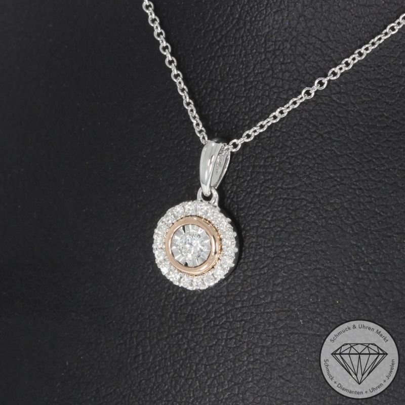 Wert 1100 € Brillant Anhänger mit Kette (0,11 carat) in 585er 14 K Weißgold / Roségold - H572
