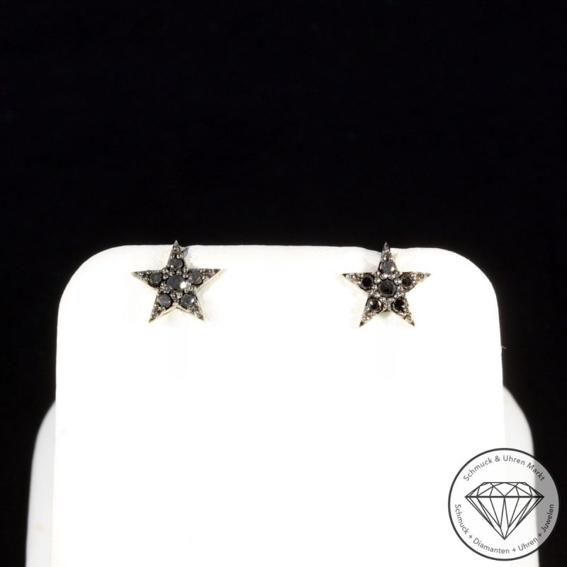 Wert 490 € schwarze Diamant Ohrringe Sterne (0,10 carat) in 585er 14 K Weißgold - H830