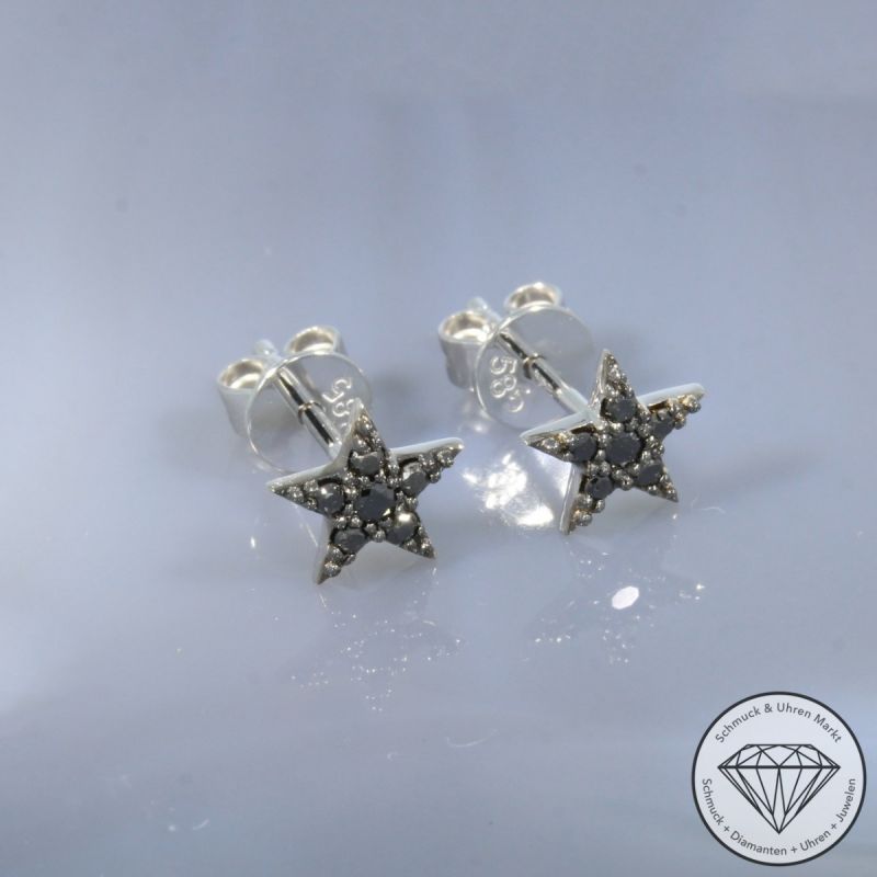 Wert 490 € schwarze Diamant Ohrringe Sterne (0,10 carat) in 585er 14 K Weißgold - H830