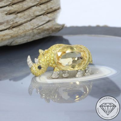 Wert 3190 € Brillant Citrin Saphir Anhänger & Brosche Nashorn in 750er 18 K Gelbgold - 100147