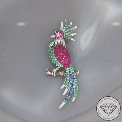 Wert 8290 € Brillant Farbedelstein Brosche Pfau in 750er 18 K Weißgold - 101786