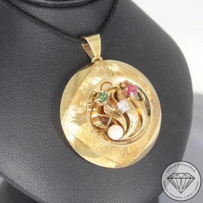 Wert 1950 € Brillant Farbedelstein Perl Anhänger & Brosche in 585er 14 K Gelbgold - 102406