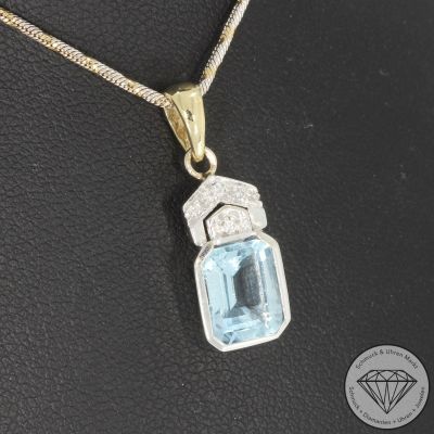 Wert 2590 € Bicolor Brillant Aquamarin Anhänger & Kette in 585er 14 K Gold - 103073