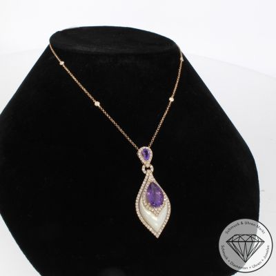 Wert 6450 € Brillant Amethyst Perlmutt Anhänger mit Kette in 750er 18 K Rosegold - 103623