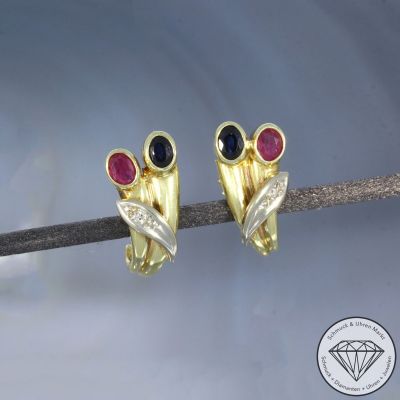 Wert 1150 € Diamant Rubin Saphir Ohrringe 585er/14 Karat Gelb und Weiß Gold Länge 1,6 cm – 104502