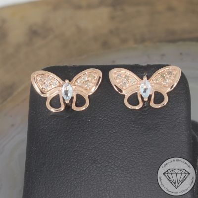 Wert 1450 € Brillant Aquamarin Ohrringe Schmetterling in 585er 14 K Rosegold - 104632