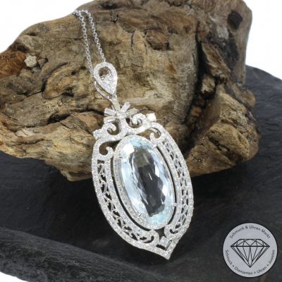 Wert 10650 € Brillant Diamant Aquamarin Anhänger & Kette in 585er 14 K Weißgold - 105765