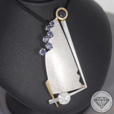 Wert 5390 € Bicolor Brillant Saphir Anhänger Brosche in 585er 14 K Gold - 105844