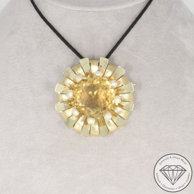 Wert 3250 € Citrin Perl Brosche & Anhänger in 585er 14 K Gelbgold - 106585
