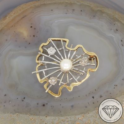 Wert 1390 € Bicolor Diamant Perl Brosche in 585er 14 K Gold - 106587
